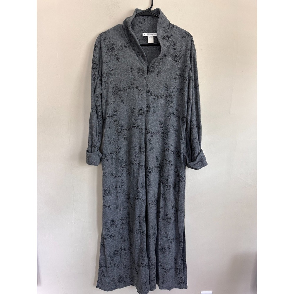 VTG Oscar de la Renta Long Duster Pajama Gray Fleece Slit Mock Neck Zip-Up Dress